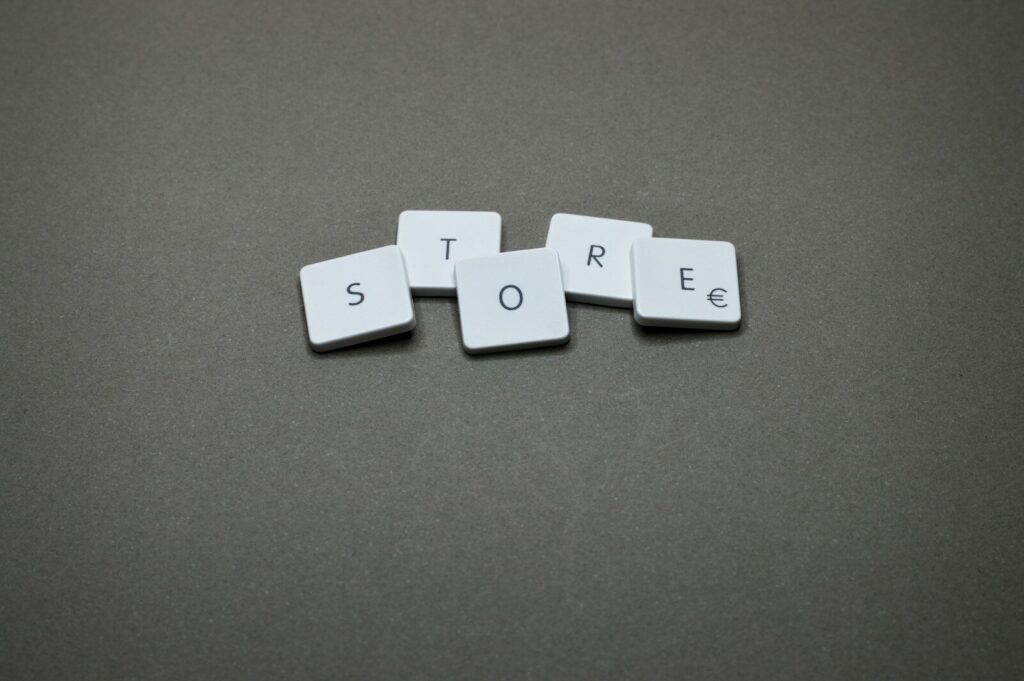 The word "store" is spelled with tiles.